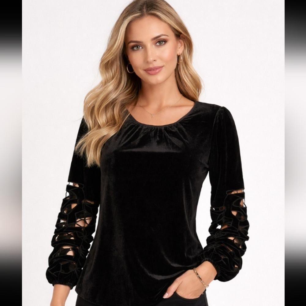 Joie Black Velvet Blouse with Cut-Out Sleeves